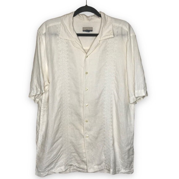 Breakwater Embroidered Linen Short Sleeve Button Front White Shirt Mens Medium - Picture 1 of 14